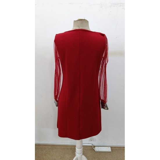 Kadın Uzun Kollu Kollar Tül V Yakalı Mini Janjan Krep Elbise, 30716