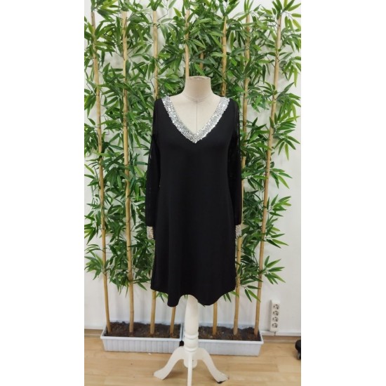 Kadın Uzun Kollu V Yaka Kollar Tül Yırtmaç Detay Kol Manşetleri Ve Yaka Payet Krep Elbise, 30715