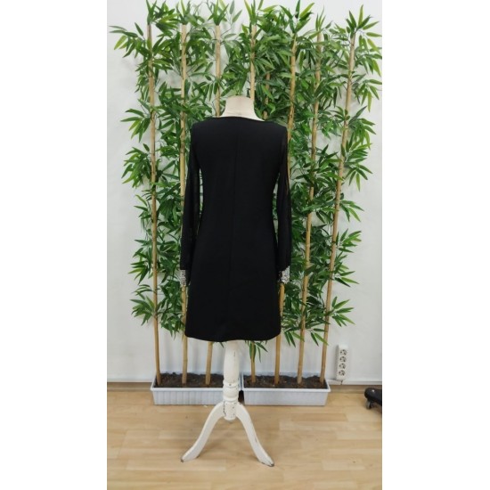 Kadın Uzun Kollu V Yaka Kollar Tül Yırtmaç Detay Kol Manşetleri Ve Yaka Payet Krep Elbise, 30715