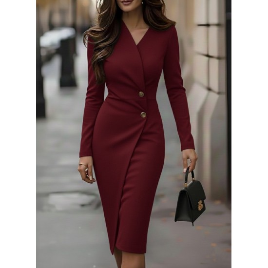 Kadın Uzun Kollu Yandan Düğmeli Kruvaze Yaka Detaylı Midi Ithal Krep Elbise , 30714