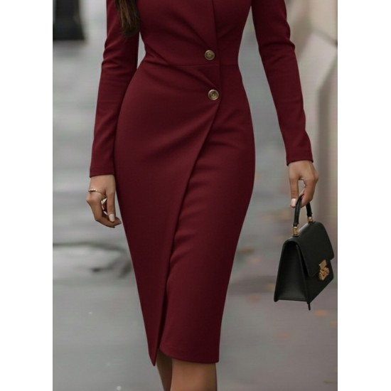 Kadın Uzun Kollu Yandan Düğmeli Kruvaze Yaka Detaylı Midi Ithal Krep Elbise , 30714