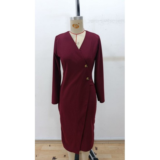 Kadın Uzun Kollu Yandan Düğmeli Kruvaze Yaka Detaylı Midi Ithal Krep Elbise , 30714