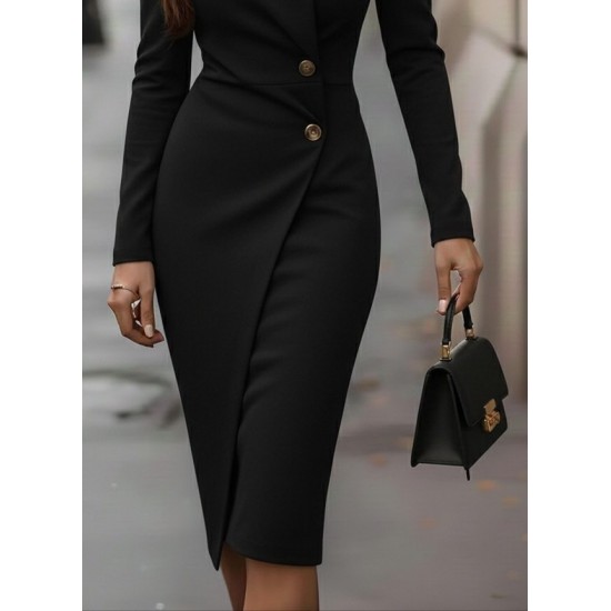 Kadın Uzun Kollu Yandan Düğmeli Kruvaze Yaka Detaylı Midi Ithal Krep Elbise , 30713