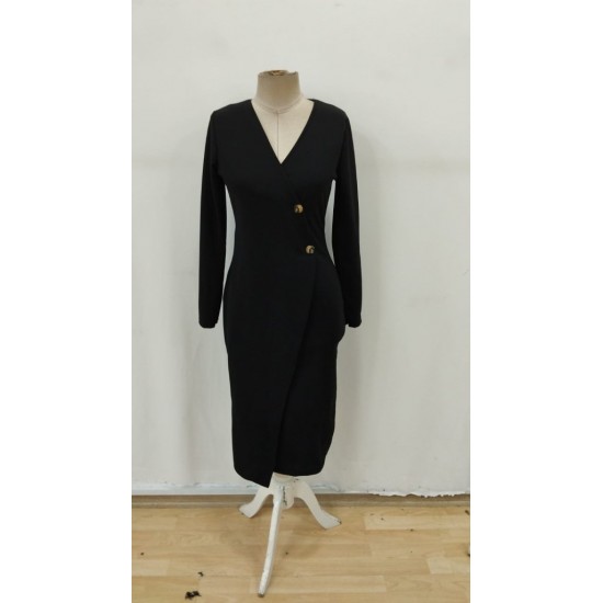 Kadın Uzun Kollu Yandan Düğmeli Kruvaze Yaka Detaylı Midi Ithal Krep Elbise , 30713