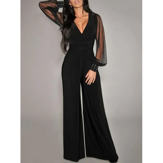 Kadın Uzun Kollu Kruvaze Yakalı Kolları Tüllü Viskon Tulum, 30709