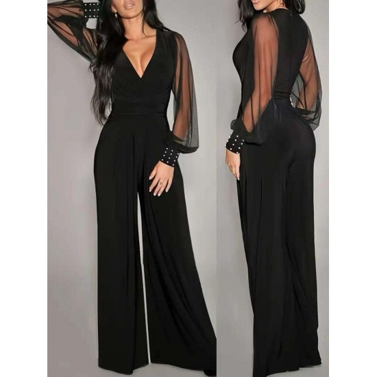 Kadın Uzun Kollu Kruvaze Yakalı Kolları Tüllü Viskon Tulum, 30709