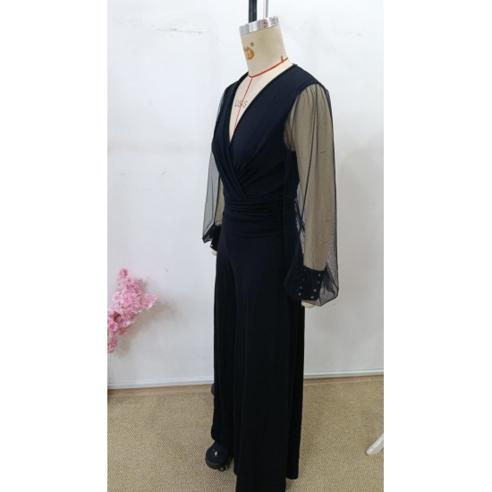 Kadın Uzun Kollu Kruvaze Yakalı Kolları Tüllü Viskon Tulum, 30709