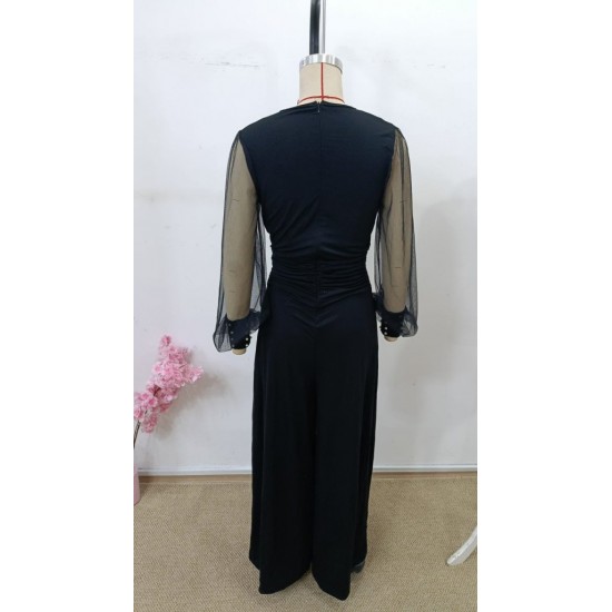 Kadın Uzun Kollu Kruvaze Yakalı Kolları Tüllü Viskon Tulum, 30709