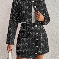 Kadın Uzun Kollu önü Düğmeli şanel Ceket Ve Etek Takım, 30721