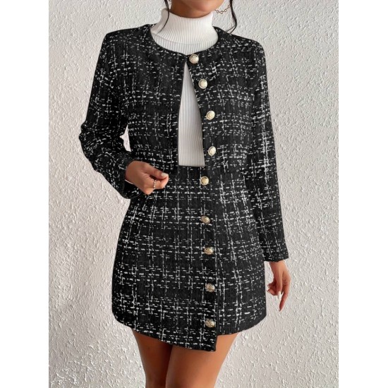Kadın Uzun Kollu önü Düğmeli şanel Ceket Ve Etek Takım, 30721