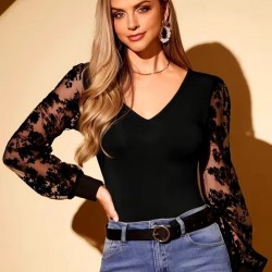 Kadın Uzun Kollu V Yakalı Dantelli Viskon Bluz , 30728