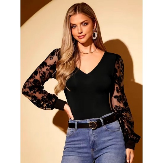 Kadın Uzun Kollu V Yakalı Dantelli Viskon Bluz , 30728 Kadın Uzun Kollu V Yakalı Dantelli Viskon Bluz , 30728