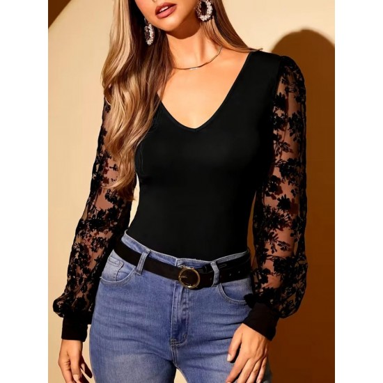 Kadın Uzun Kollu V Yakalı Dantelli Viskon Bluz , 30728 Kadın Uzun Kollu V Yakalı Dantelli Viskon Bluz , 30728