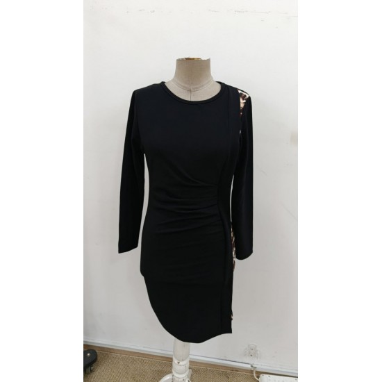 Kadın Uzun Kollu Bisiklet Yaka Yandan Büzgü Ve Leopar Detaylı Mini Ithal Krep Elbise , 30727