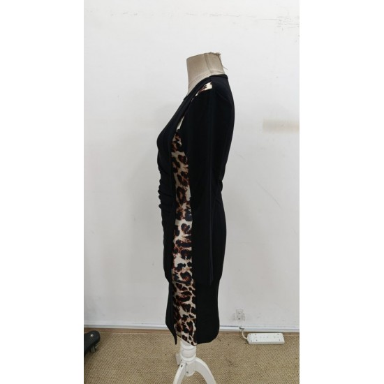 Kadın Uzun Kollu Bisiklet Yaka Yandan Büzgü Ve Leopar Detaylı Mini Ithal Krep Elbise , 30727