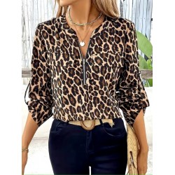 Kadın Uzun Kollu önden Fermuarlı Leopar Desenli Modal Bluz , 30723