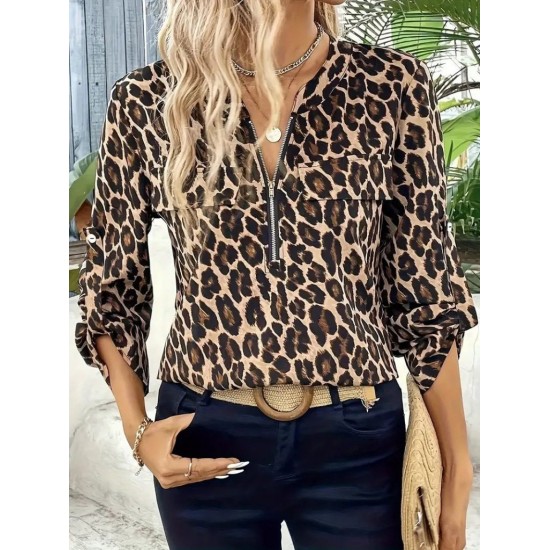 Kadın Uzun Kollu önden Fermuarlı Leopar Desenli Modal Bluz , 30723 Kadın Uzun Kollu önden Fermuarlı Leopar Desenli Modal Bluz , 30723