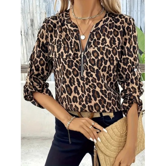 Kadın Uzun Kollu önden Fermuarlı Leopar Desenli Modal Bluz , 30723 Kadın Uzun Kollu önden Fermuarlı Leopar Desenli Modal Bluz , 30723