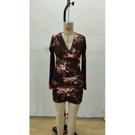 Kadın Uzun Kollu V Yakalı çiçek Desenli Dalgıç Mini Elbise , 30738