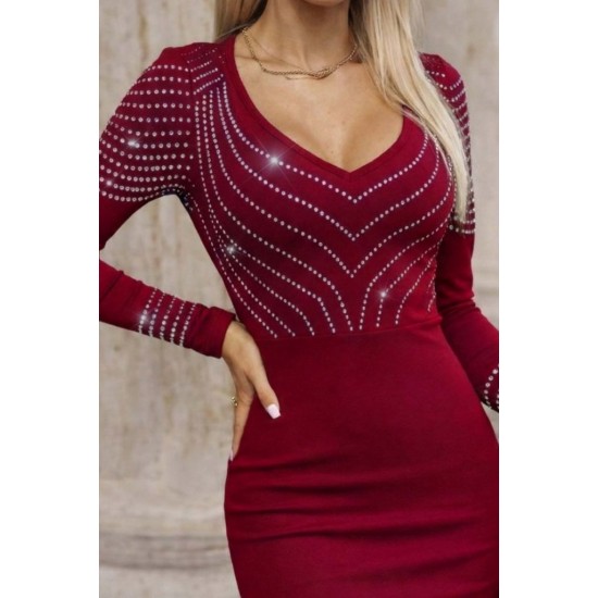 Kadın Uzun Kollu V Yakalı Taşlı Mini Ithal Krep Elbise , 30737 Kadın Uzun Kollu V Yakalı Taşlı Mini Ithal Krep Elbise , 30737
