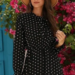 Kadın Uzun Kollu Yakası Bağcıklı Uzun Puantiyeli Krep Maxi Elbise , 30733