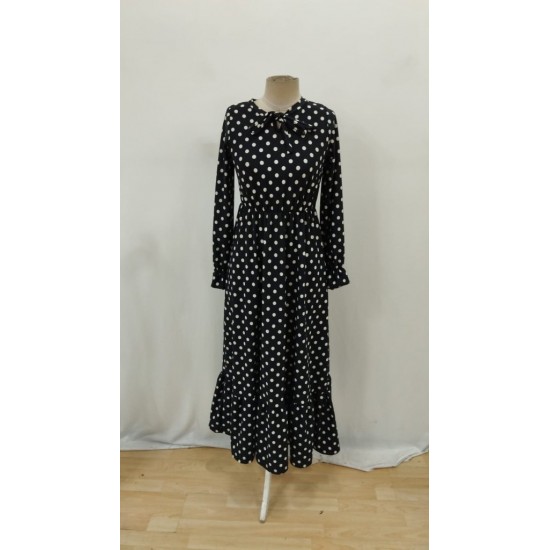 Kadın Uzun Kollu Yakası Bağcıklı Uzun Puantiyeli Krep Maxi Elbise , 30733