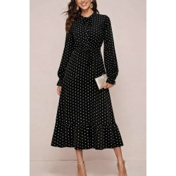 Kadın Uzun Kollu Yakası Bağcıklı Uzun Puantiyeli Krep Maxi Elbise , 30733