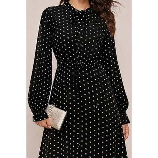 Kadın Uzun Kollu Yakası Bağcıklı Uzun Puantiyeli Krep Maxi Elbise , 30733