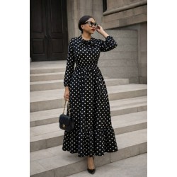 Kadın Uzun Kollu Yakası Bağcıklı Uzun Puantiyeli Krep Maxi Elbise , 30733