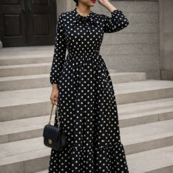 Kadın Uzun Kollu Yakası Bağcıklı Uzun Puantiyeli Krep Maxi Elbise , 30733