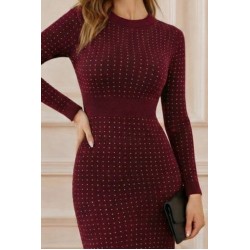 Kadın Uzun Kollu Bisiklet Yaka Taşlı Midi Kadife Elbise , 30732