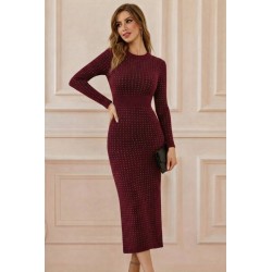 Kadın Uzun Kollu Bisiklet Yaka Taşlı Midi Kadife Elbise , 30732