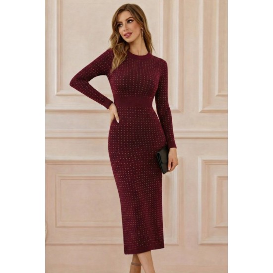 Kadın Uzun Kollu Bisiklet Yaka Taşlı Midi Kadife Elbise , 30732 Kadın Uzun Kollu Bisiklet Yaka Taşlı Midi Kadife Elbise , 30732