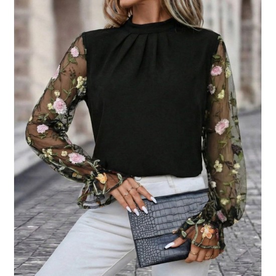 Kadın Uzun Kollu Yarı Balıkçı Yaka Tül Detaylı Ithal Krep Bluz , 30729