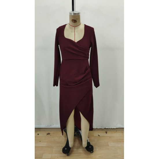 Kadın Uzun Kollu Kalp Yakalı Asimetrik Kesim Detaylı Ithal Krep Uzun Elbise , 30756