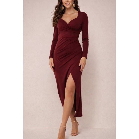 Kadın Uzun Kollu Kalp Yakalı Asimetrik Kesim Detaylı Ithal Krep Uzun Elbise , 30756