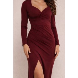 Kadın Uzun Kollu Kalp Yakalı Asimetrik Kesim Detaylı Ithal Krep Uzun Elbise , 30756