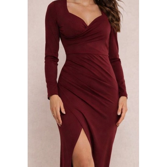Kadın Uzun Kollu Kalp Yakalı Asimetrik Kesim Detaylı Ithal Krep Uzun Elbise , 30756