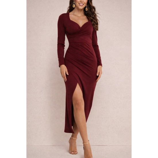 Kadın Uzun Kollu Kalp Yakalı Asimetrik Kesim Detaylı Ithal Krep Uzun Elbise , 30756