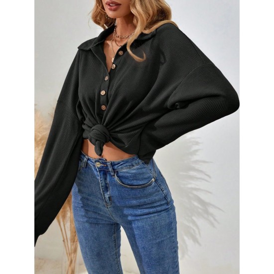 Kadın Uzun Kollu Yakalı Düğmeli Salaş Waffle Bluz , 30753