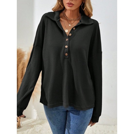 Kadın Uzun Kollu Yakalı Düğmeli Salaş Waffle Bluz , 30753
