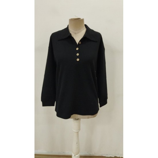 Kadın Uzun Kollu Yakalı Düğmeli Salaş Waffle Bluz , 30753