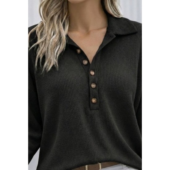 Kadın Uzun Kollu Yakalı Düğmeli Salaş Waffle Bluz , 30753