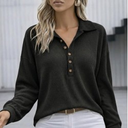 Kadın Uzun Kollu Yakalı Düğmeli Salaş Waffle Bluz , 30753