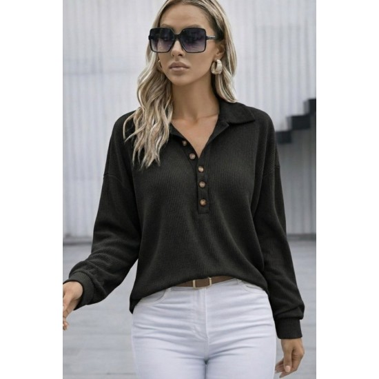 Kadın Uzun Kollu Yakalı Düğmeli Salaş Waffle Bluz , 30753