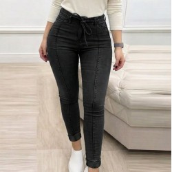  Kadın Yüksek Bel Belden Kuşaklı Yırtık Detaylı Kot Pantolon, 30750