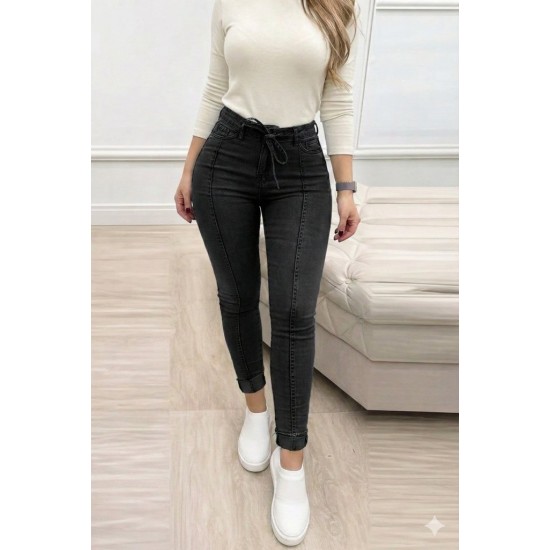  Kadın Yüksek Bel Belden Kuşaklı Yırtık Detaylı Kot Pantolon, 30750