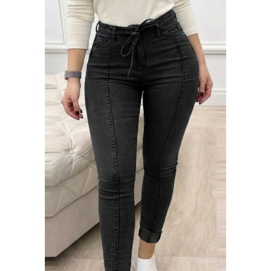  Kadın Yüksek Bel Belden Kuşaklı Yırtık Detaylı Kot Pantolon, 30750