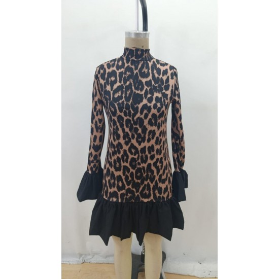 Kadın Uzun Kollu Bisiklet Yaka Leopar Desenli üst Modal Alt Trikoton Mini Elbise , 30745
