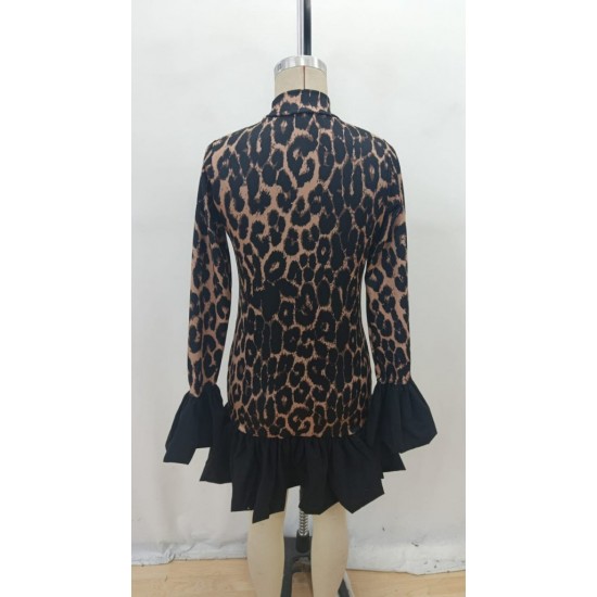 Kadın Uzun Kollu Bisiklet Yaka Leopar Desenli üst Modal Alt Trikoton Mini Elbise , 30745